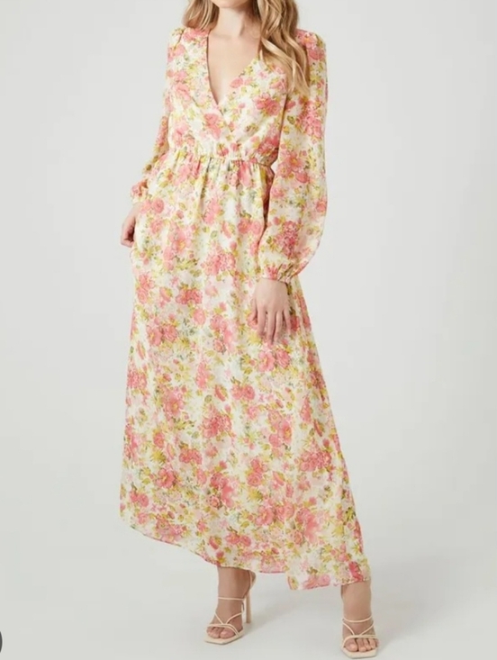Forever 21 Dresses & Skirts - Forever 21 Boho Floral Puff Shoulder Semi Sheer Balloon Sleeve Maxi Dress Size L